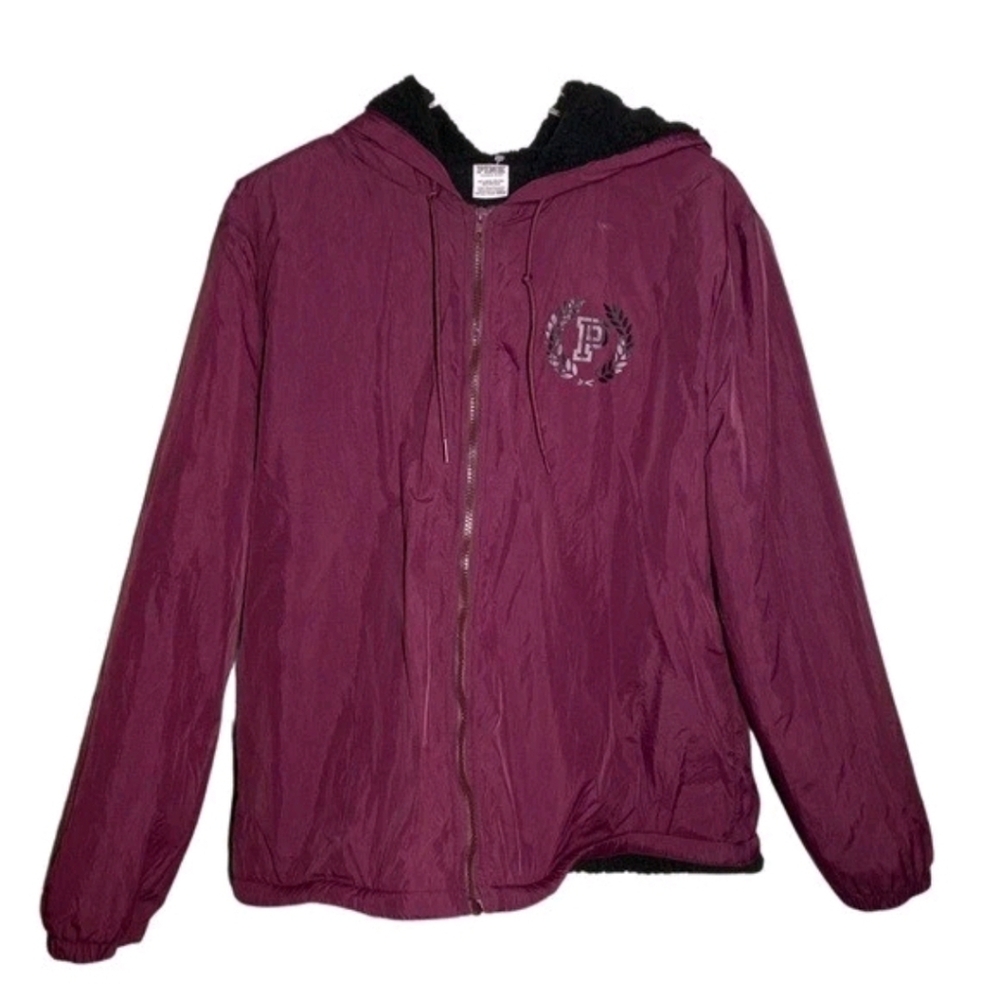 Pink Victoria Secret Maroon Black Hooded Sherpa lined Jacket